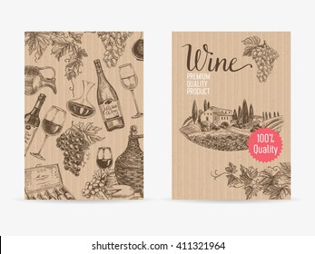 Vector hand drawn wine Illustration. Sketch. Vintage style. Retro background. Winery template design
