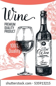 Vector hand drawn wine illustration. Vintage style card. Retro sketch background