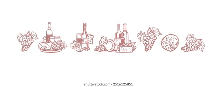 Vector dibujado a mano conjunto de vino con copa de vino, queso, botella, uva, paisaje de viñedo, barril con vino en estilo vintage.