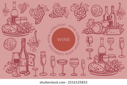Vector hand drawn wine set with wine glass, cheese, bottle, grape, vineyard landscape, barrel with wine in vintage style.