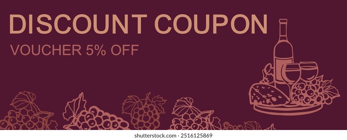 Vector hand drawn wine set with wine glass, cheese, bottle, grape, vineyard landscape, barrel with wine in vintage style.