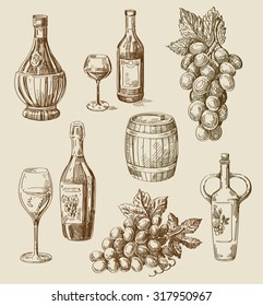 Vector Hand Drawn Wine Sketch And Vineyard Doodle