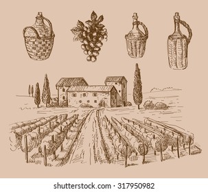 vector hand drawn wine sketch and vineyard doodle