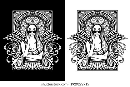 vector hand drawn winged woman in black and white