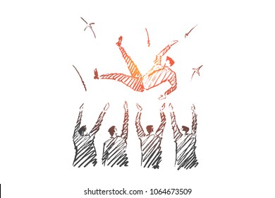 Vector hand drawn Winner concept sketch. Business people greeting and throwing up their leader on raised hands.