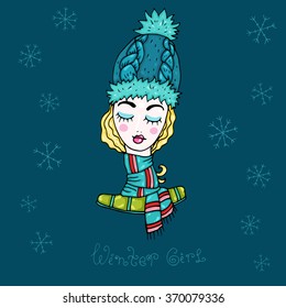 Vector hand drawn winter card. Winter blonde girl in a hat with pompom and a scarf.  Original hand drawn phrase winter girl. On a dark blue background with snowflakes