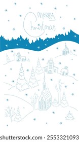 vector hand drawn winter countryside landscape with houses and trees, Christmas card, poster background and decoration, illustration