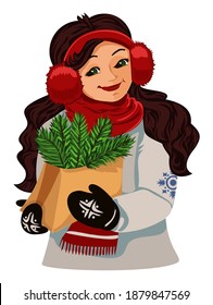 Vector hand drawn winter female character for website, wallpaper, christmas cards and print. Using for design sale cards.Isolated on white backgrond. 