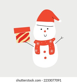 Vector hand drawn winter illustration of a snowman with a carrot and a Santa hat. Design greeting cards, posters, gift wrapping.