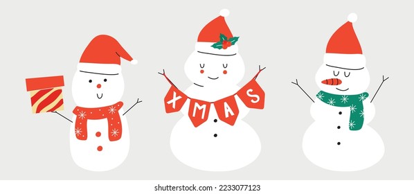 Vector hand drawn winter illustration of a snowman with a carrot and a Santa hat. Design greeting cards, posters, gift wrapping.