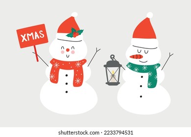 Vector hand drawn winter illustration of a snowman with a carrot and a Santa hat. Design greeting cards, posters, gift wrapping.