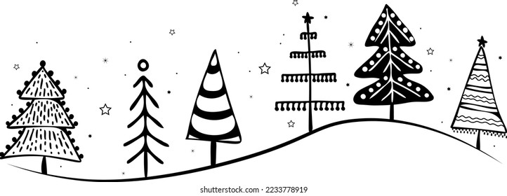 Vector hand drawn winter trees border. Whimsical doodles Christmas banner.
