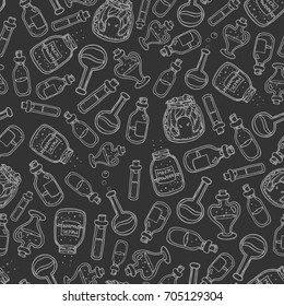 vector hand drawn witch bottles seamless pattern on the dark gray background. Black outline of potions, elixirs and vials. Chalkboard imitation.