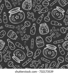 Vector hand drawn witch bottles seamless pattern. Gray outline of potions, elixirs, vials of different shapes and cauldrons. Halloween design.