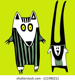 Vector hand drawn wolf and rabbit.