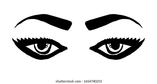 Vector hand drawn woman eyes. Brush ink black style. Grunge sketchy eyes icon. Doodle illustration for beauty salon.