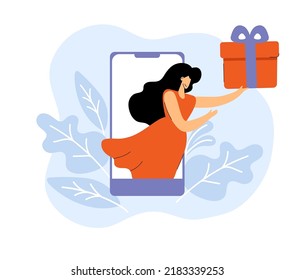 Vector hand drawn woman presents gift box from telephone. Online shopping flat. Shop in telephone on web browser page for sales.