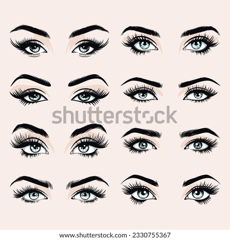 Vector Hand Drawn Woman s, Female Sexy Eyes, Perfectly Shaped Eyelashes, Eyebrows. Design Template for Business Visit Card, Logo, Advertising Mascara, Makeup, Cosmetics, Beauty Services, Salon
