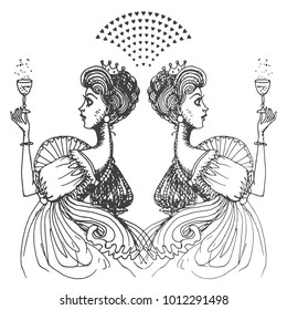 Vector hand drawn women with crown of princess isolated on a white background. Black and white monochrome sketch, adult and children coloring book page, tee shirt print, Valentine greeting card