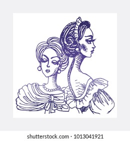Vector hand drawn women with crown of princess isolated on a white background. Black and white monochrome sketch, adult and children coloring book page, tee shirt print, Valentine greeting card