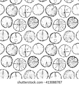 Vector hand drawn wood round split seamless pattern isolated on white backdrop. Vector seamless pattern of hand drawn wood splits with rings for textile, fabric, designs isolated on white backdrop