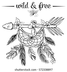 Vector of hand drawn wooden arrow with feathers, dreamcatcher and sign (Wild and free) in boho style