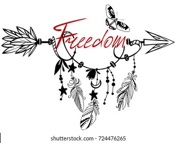 Vector of hand drawn wooden arrow with feathers, floral ornaments and word Freedom