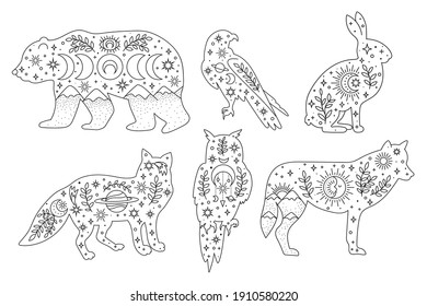 Vector hand drawn woodland animals with boho elements for decoration. Bohemian clipart. Bear, fox, rabbit, wolf, owl, falcon, branch, moon, sun