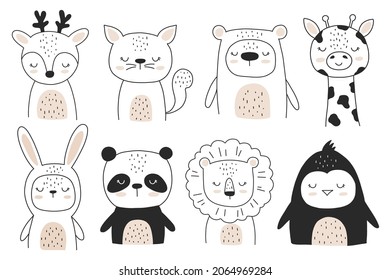 Vector hand drawn woodland animals for nursery decoration. Line art clipart. Bear, rabbit, cat, panda, giraffe, deer, lion, penguin, fox, zebra, koala, sheep. Perfect for baby shower, birthday party