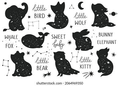 Vector hand drawn woodland baby animals for decoration. Celestial clipart. Bear, fox, rabbit, wolf, elephant, cat, whale. Perfect for baby shower, birthday, clothing prints, greeting cards