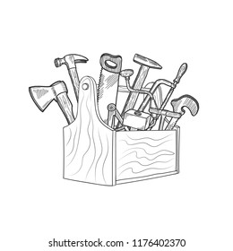 Vector hand drawn woodwork equipment in wooden toolbox isolated illustration. Toolbox with hammer and tool equipment