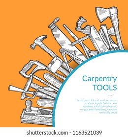 Vector hand drawn woodwork tools elements in corner under quarter circle with place for text illustration