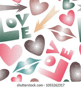 Vector hand drawn word love, lips and hearts. Abstract romantic Vector illustration. Seamless pattern with stylized love elements in pink, green and white colors.