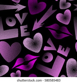 Vector hand drawn word love, lips and hearts on a black background. Abstract Vector illustration. Seamless pattern with stylized love elements in purple and pink colors.