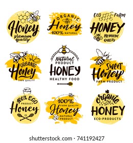 Vector hand drawn words and letters. Logo set for honey products. Honey sweet label, organic beekeeping farm illustrations