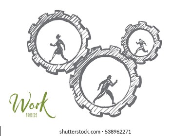 Vector hand drawn work concept sketch with business people running inside of cogwheels and lettering