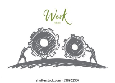 Vector hand drawn work concept sketch with people pulling huge cogwheels towards each other with lettering