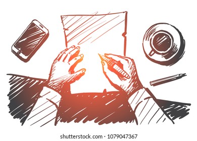 Vector hand drawn work time concept sketch with businessman hands above desktop making notes on paper notebook