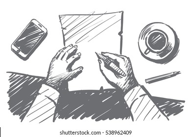 Vector hand drawn work time concept sketch with businessman hands above desktop making notes on paper notebook