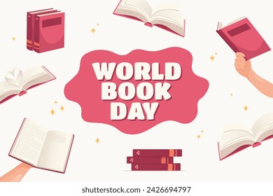 vector hand drawn world book day background.World Book Day banner. Many different hands hold open books on a light background. Reading people, books. Hand drawn flat vector illustration.