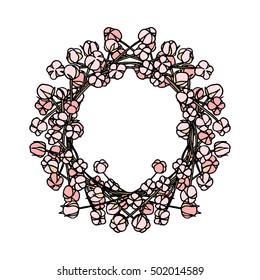 Vector hand drawn wreath of cotton flowers. Beautiful floral design, ink drawing