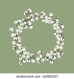 Vector hand drawn wreath of cotton flowers. Beautiful floral design, ink drawing