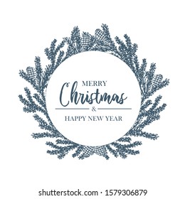 Vector hand drawn wreath decoration with Christmas tree branches and pine cones. Sketched isolated new year garland on white background
