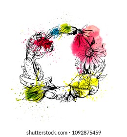 Vector hand drawn wreath with healthy and medicinal herbs, vegetable, berries and watercolor blots. Botanical nature Illustration in sketch style for print, wrapping, menu, card and other design 
