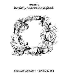Vector hand drawn wreath with healthy and medicinal herbs, vegetables and berries. Botanical nature engraved Illustration in sketch style for print, wrapping, menu, card and other floral design.