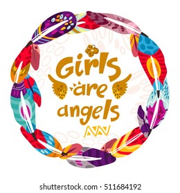 Vector hand drawn wreath made from bright ornamental feathers