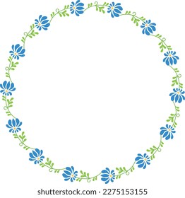 Handgezeichneter Vektorkranz. Rund blühender Rahmen von Ästen mit blauen Blumen.