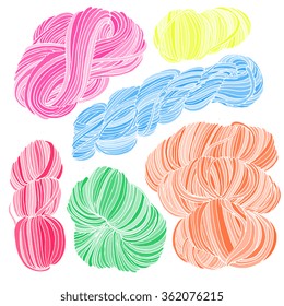  Vector hand drawn yarn balls and skeins of yarn in bright neon colors pink, blue, yellow, green, orange