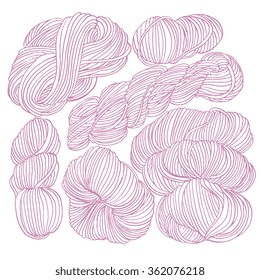  Vector hand drawn yarn balls and skeins of yarn in purple doodle