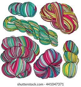 Vector hand drawn yarn balls and skeins. Sketch, doodle style. Isolated on white background. Items for knitting, crochet. Elements for your design. Different size and shape. 

